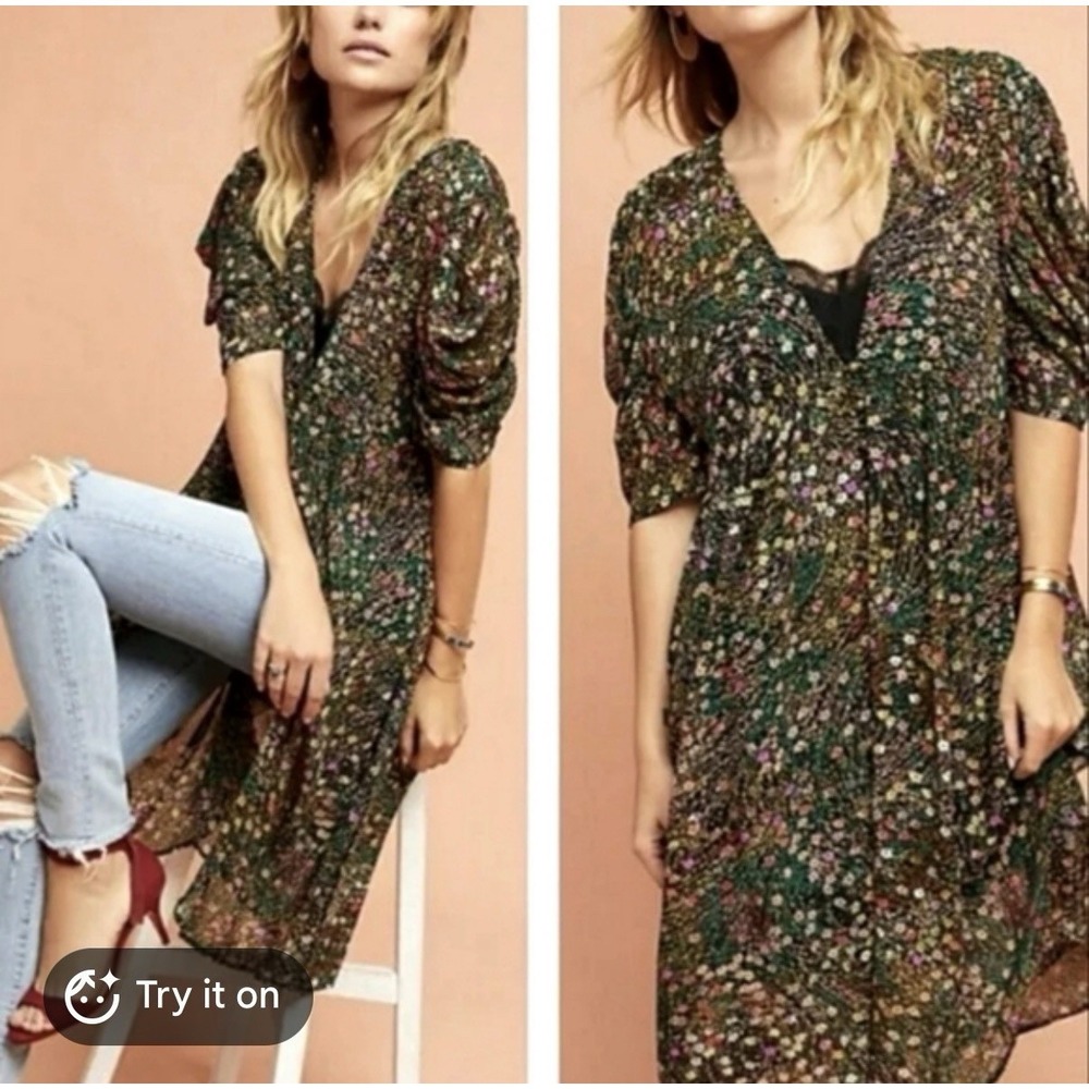 Anthropologie Akemi + Kin Valencia Floral Dress Sheer Puff Sleeve Medium Unlined